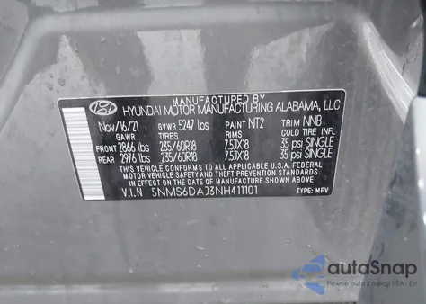 2022 Hyundai Santa Fe Sel z USA, uszkodzony, nr VIN 5NMS6DAJ3NH411101